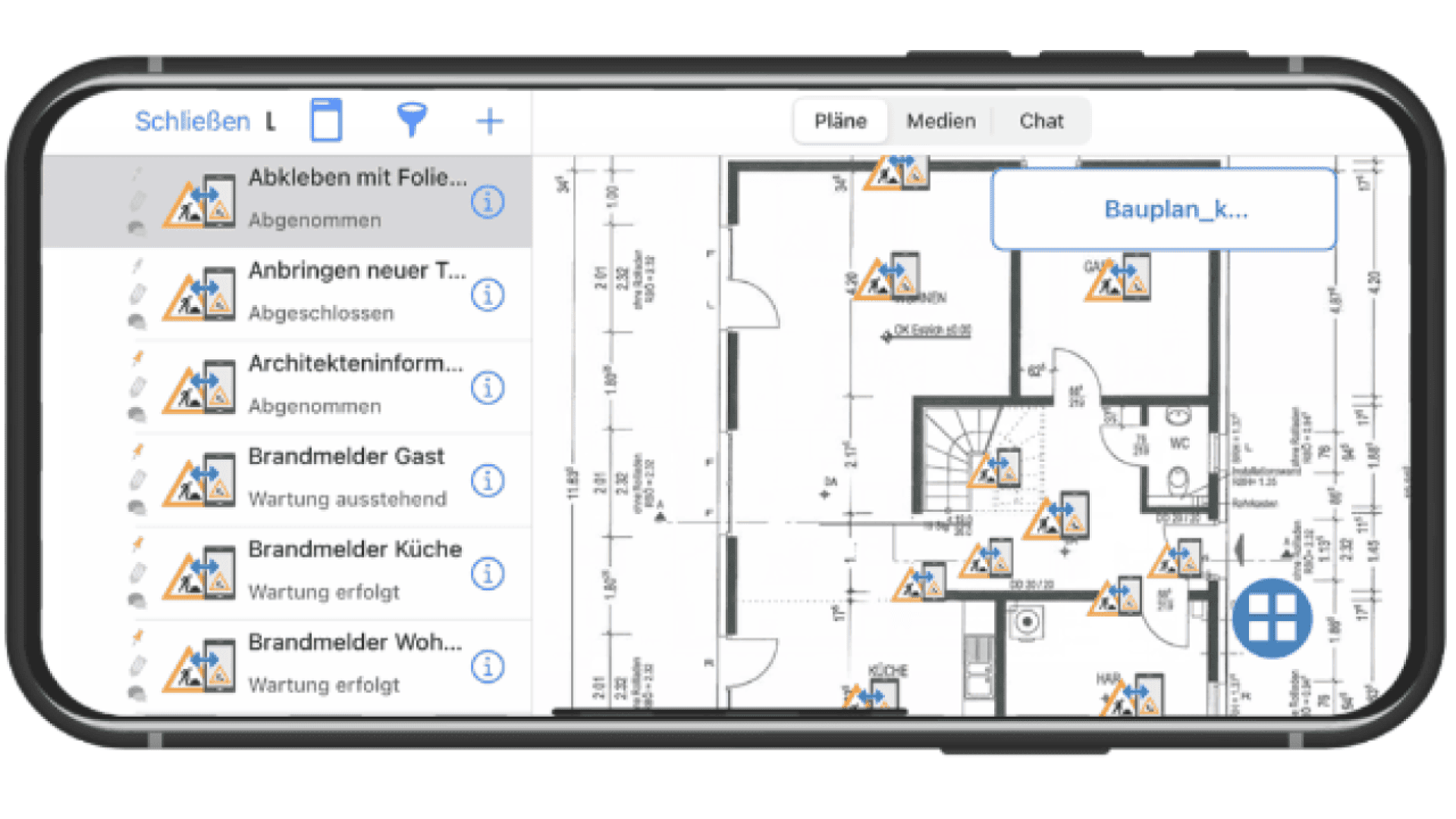 A smartphone displays a floor plan with icons marking fire alarm locations. A menu on the left lists tasks in German, such as fire alarm maintenance and installation completed.