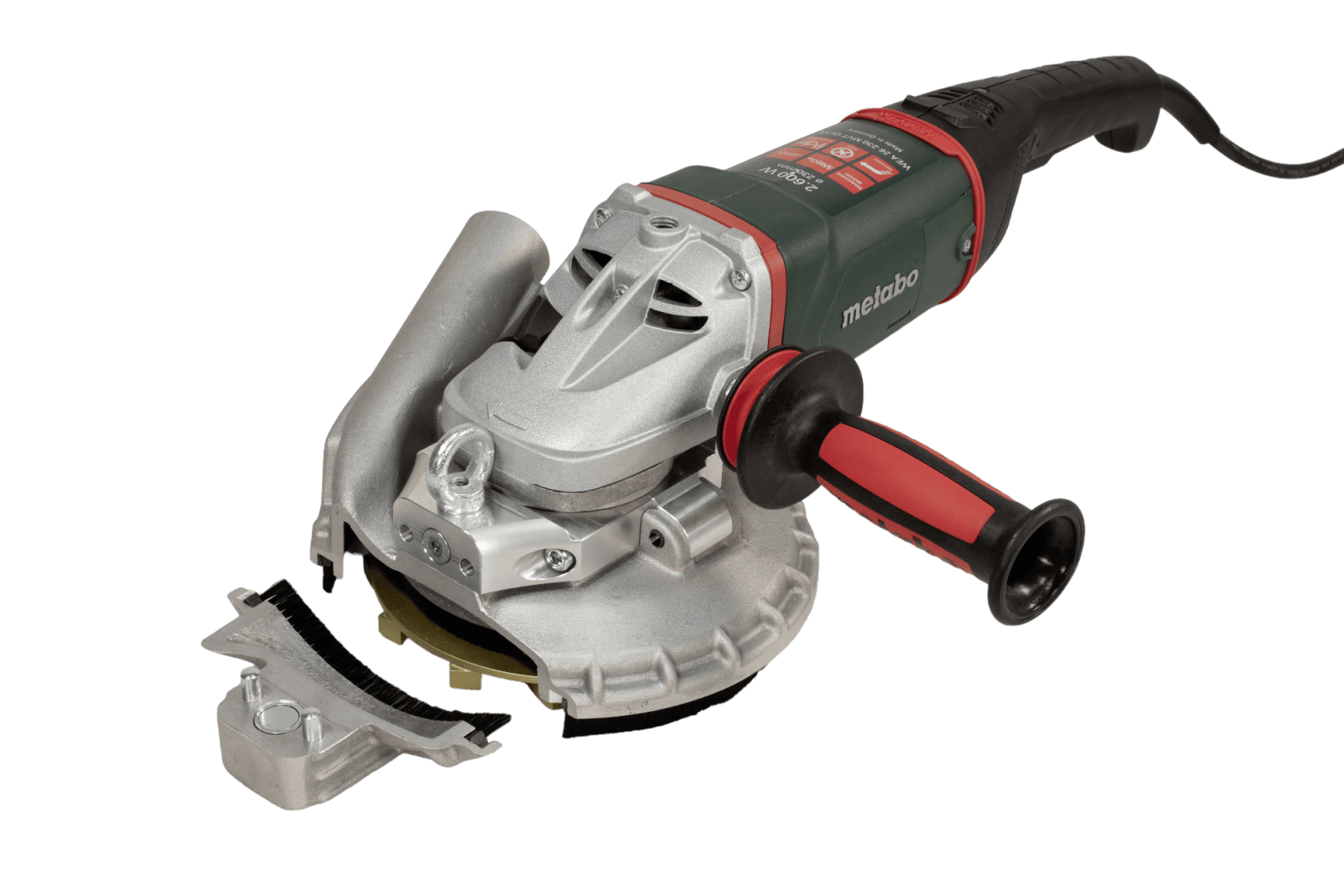 Ein handgeführter elektrischer Winkelschleifer mit rot-schwarzem Griff, grauem Metallgehäuse und abnehmbarem Schutzzubehör. Das Werkzeug dient zum Schneiden, Schleifen und Polieren von Materialien.