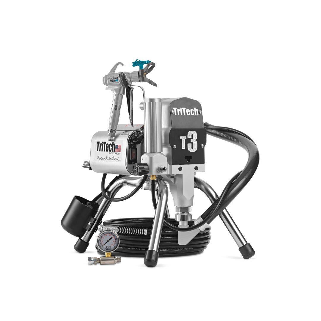 A Tritech T3 airless paint sprayer with a hose, spray gun, pressure gauge, and fitting attachment displayed on a white background. The equipment has a metallic finish and sturdy legs for support.