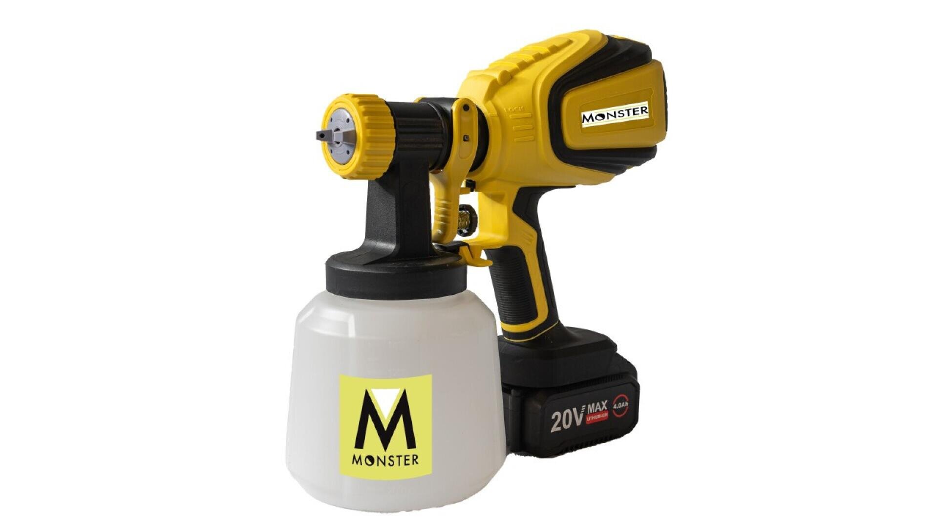 A yellow and black handheld electric paint sprayer labeled Monster, with a clear paint container and a 20V MAX lithium battery.