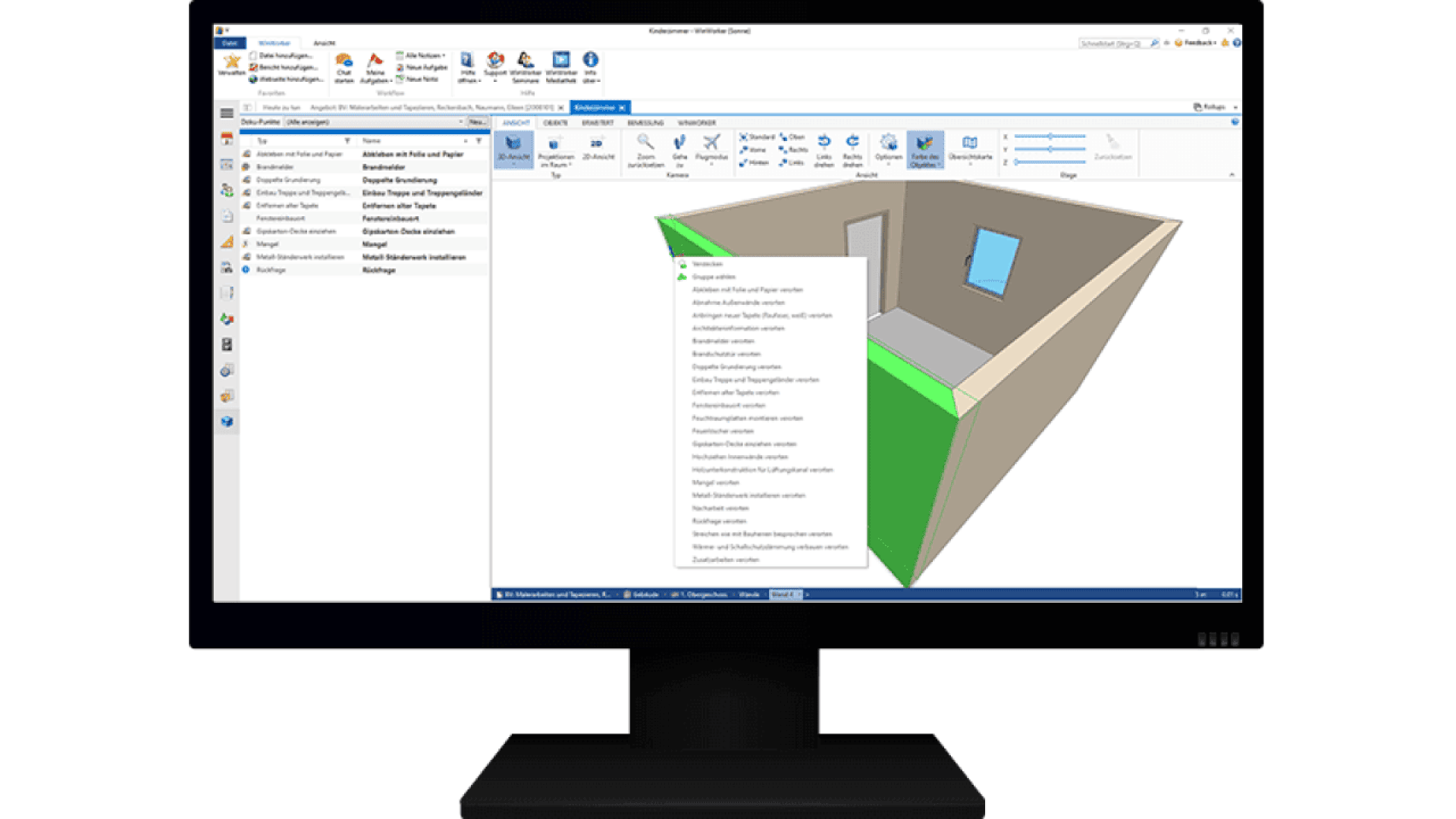 A computer monitor displays architectural design software with a 3D room model. A dropdown menu is open, and various toolbars and options are visible around the workspace.