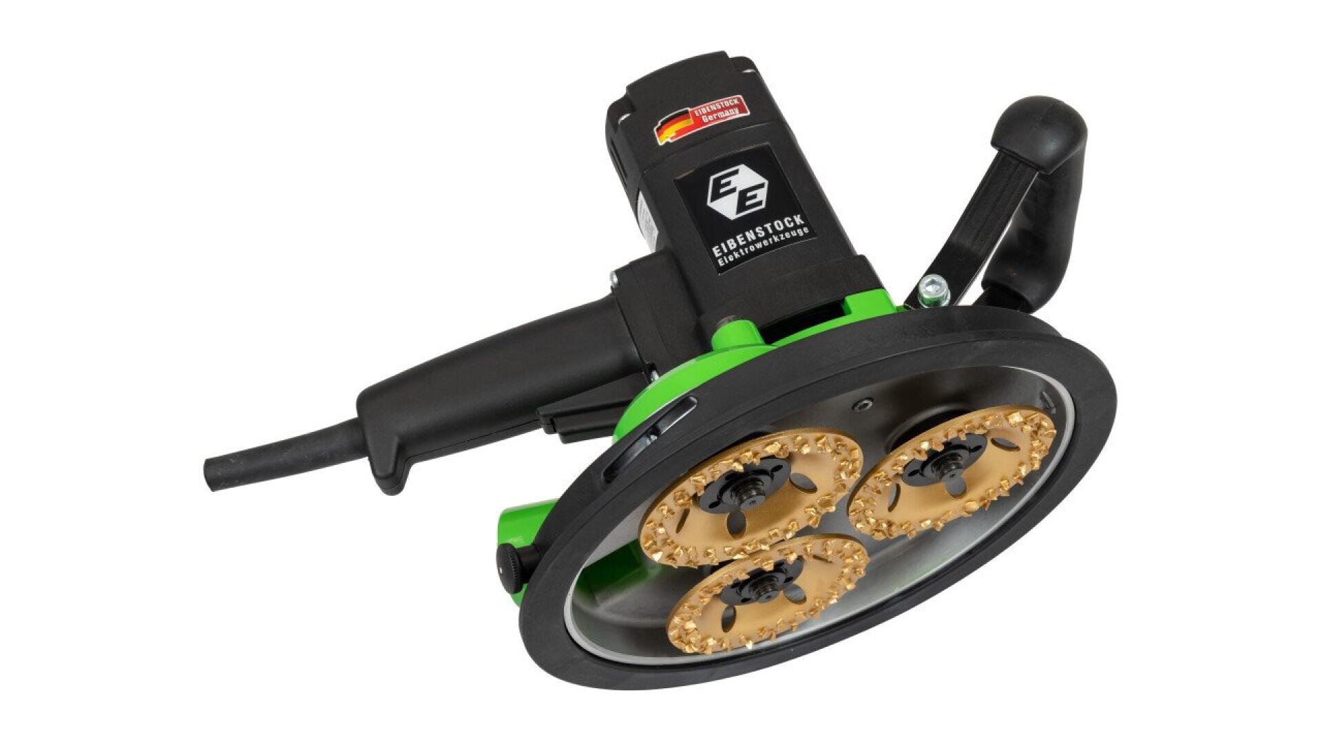A black and green handheld power tool with three circular grinding discs on the bottom, designed for surface preparation or concrete grinding, shown against a white background.