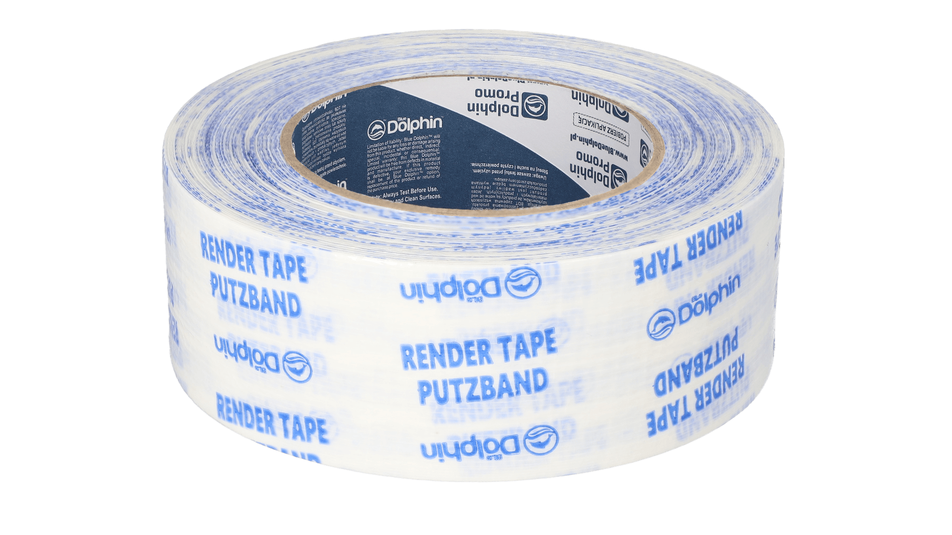 Eine Rolle Putzband der Marke Dolphin mit blauem Text auf weißem Hintergrund und der Aufschrift „RENDER TAPE PUTZBAND“. Das Band ist teilweise abgerollt und zeigt den Markennamen in Englisch und Deutsch.