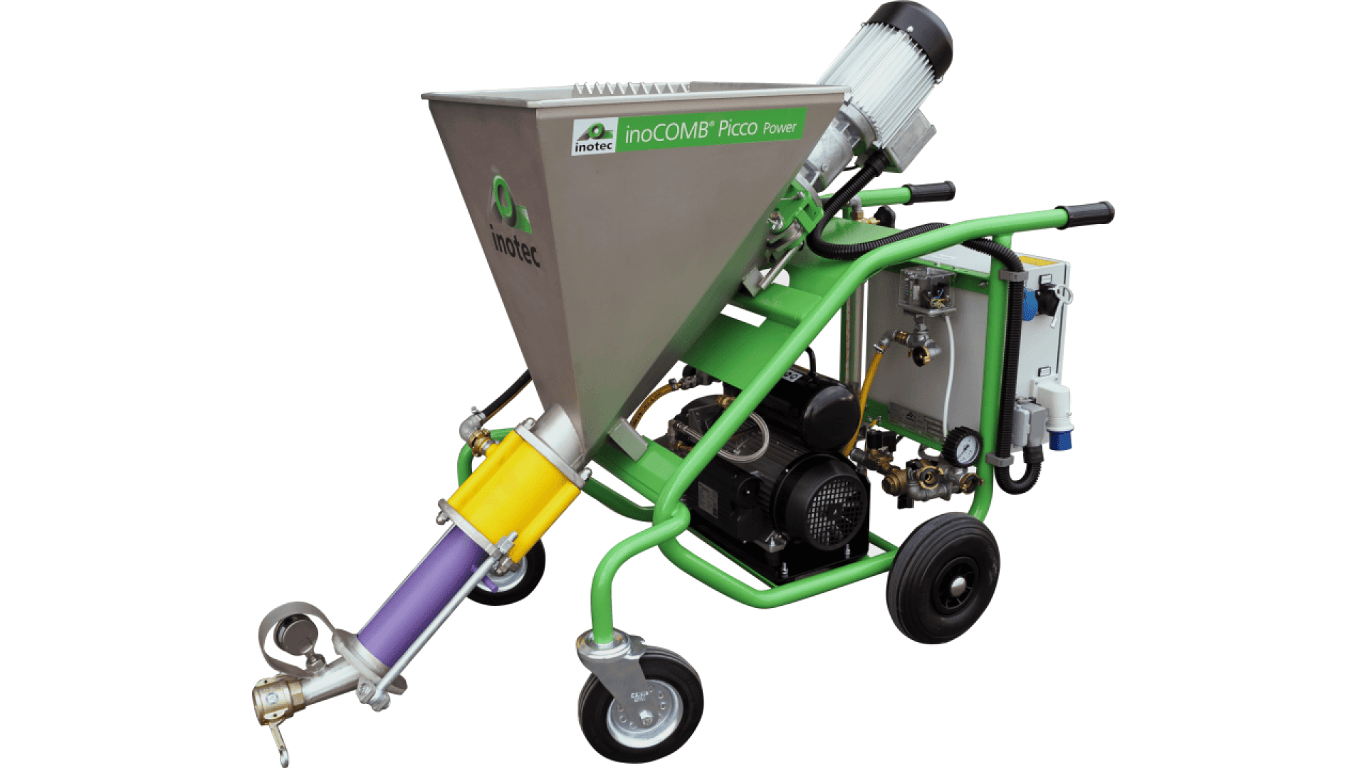 Green and silver industrial plastering machine with wheels, a large hopper, electric motor, control panel, and hoses, designed for mixing and pumping plaster or mortar material.