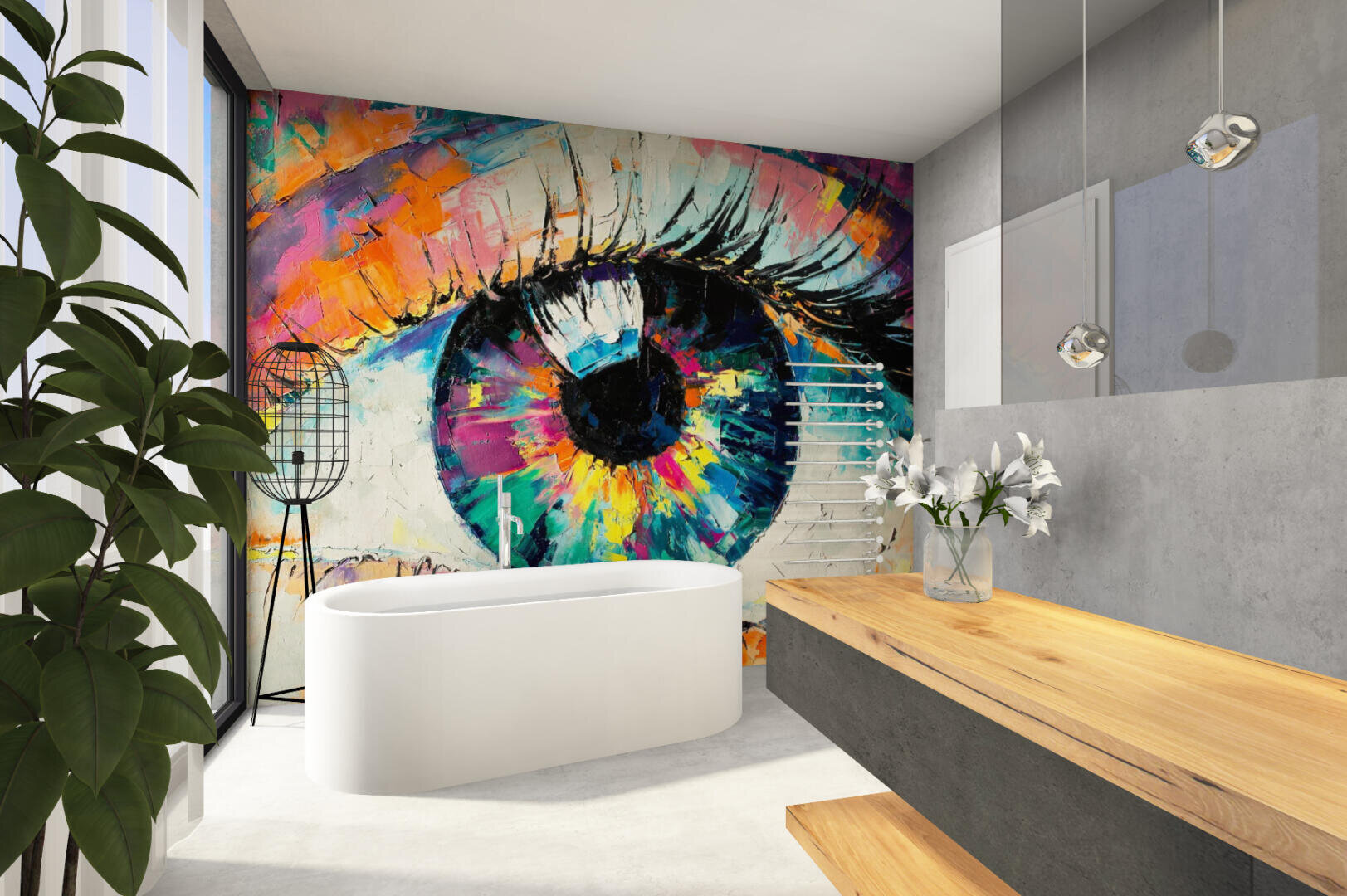 Ein modernes Badezimmer verfügt über ein großes, farbenfrohes Wandgemälde eines Auges an der Rückwand, eine weiße freistehende Badewanne, eine Holzarbeitsplatte mit weißen Blumen, Hängelampen und eine grüne Blattpflanze.