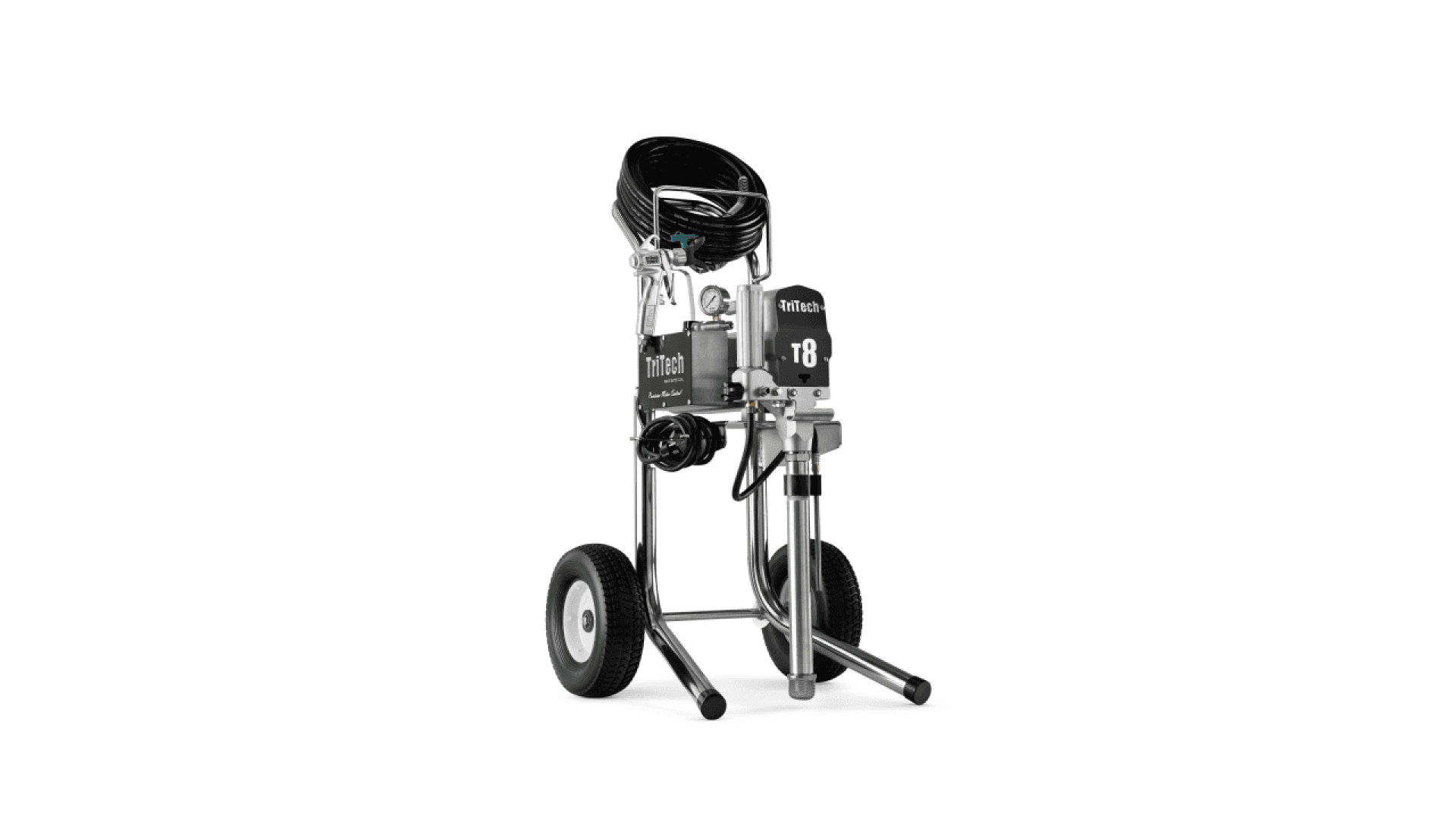 Eine professionelle Farbspritzmaschine mit Schlauch, montiert auf einem Metallrahmen mit Rädern, abgebildet vor einem schlichten weißen Hintergrund.