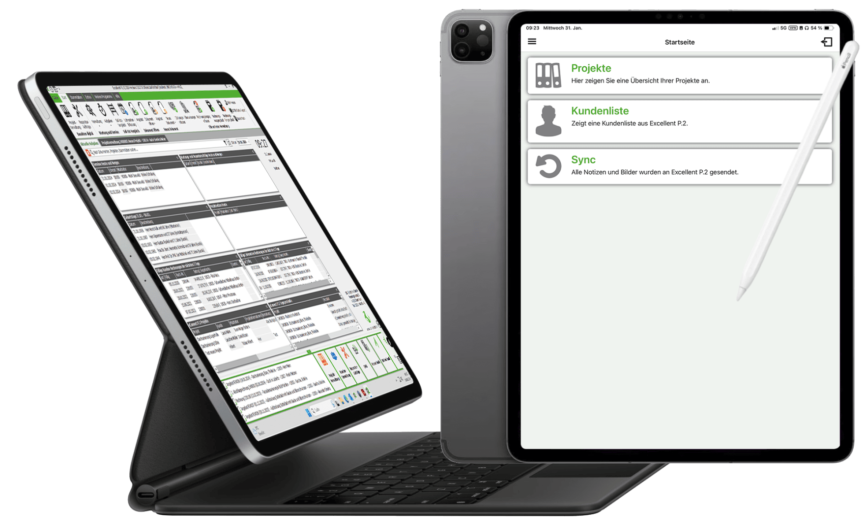 Es werden zwei Tablets angezeigt. Das linke Tablet zeigt eine detaillierte Tabellenkalkulationsoberfläche, während das rechte Tablet einen einfachen App-Bildschirm mit Optionen für Projekte, Kundenlisten und Synchronisierung zeigt. Auf dem rechten Tablet liegt ein Stift.