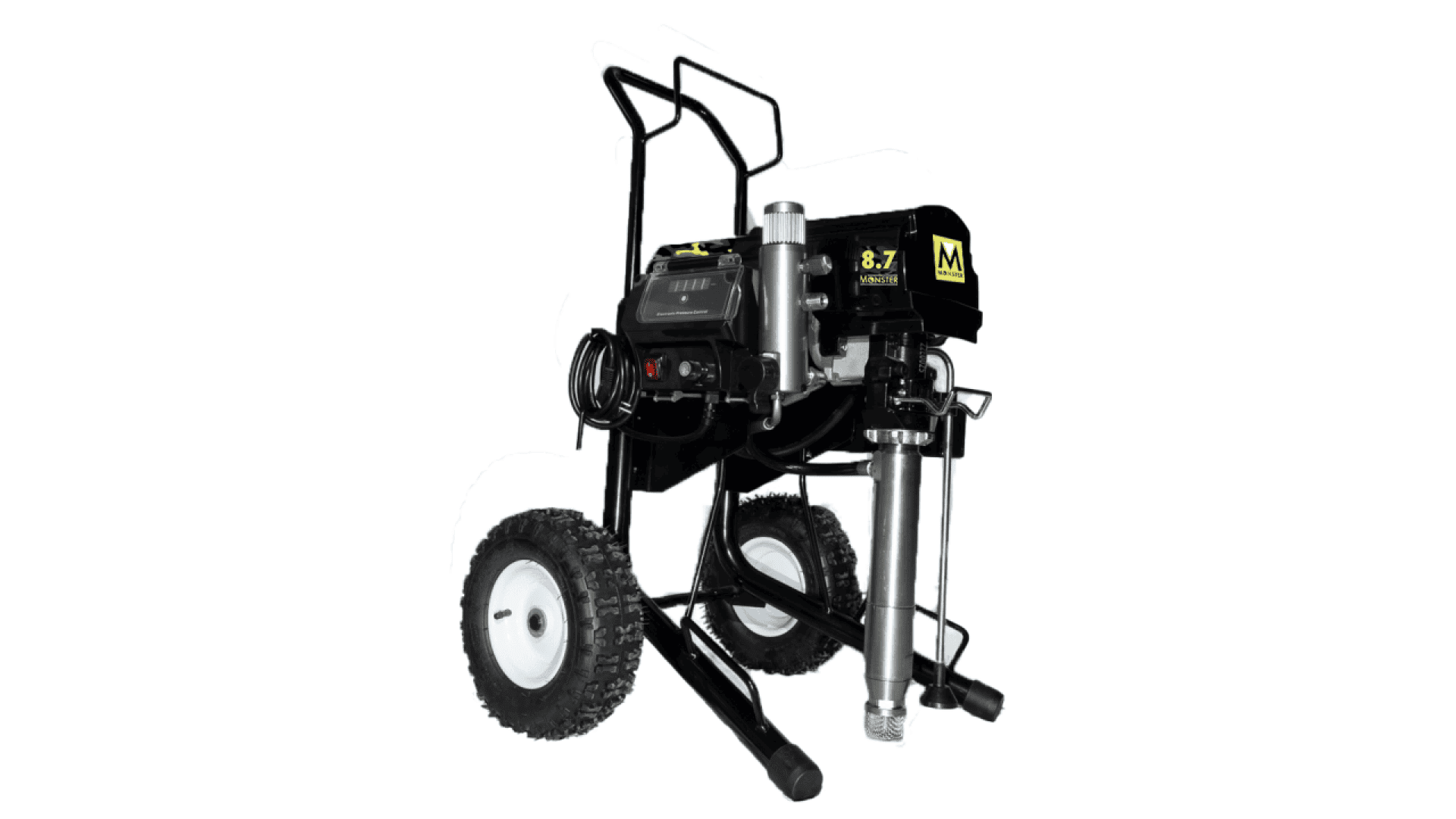 A black airless paint sprayer machine with large wheels, a handle, control panel, and metal spray nozzle, photographed on a white background.