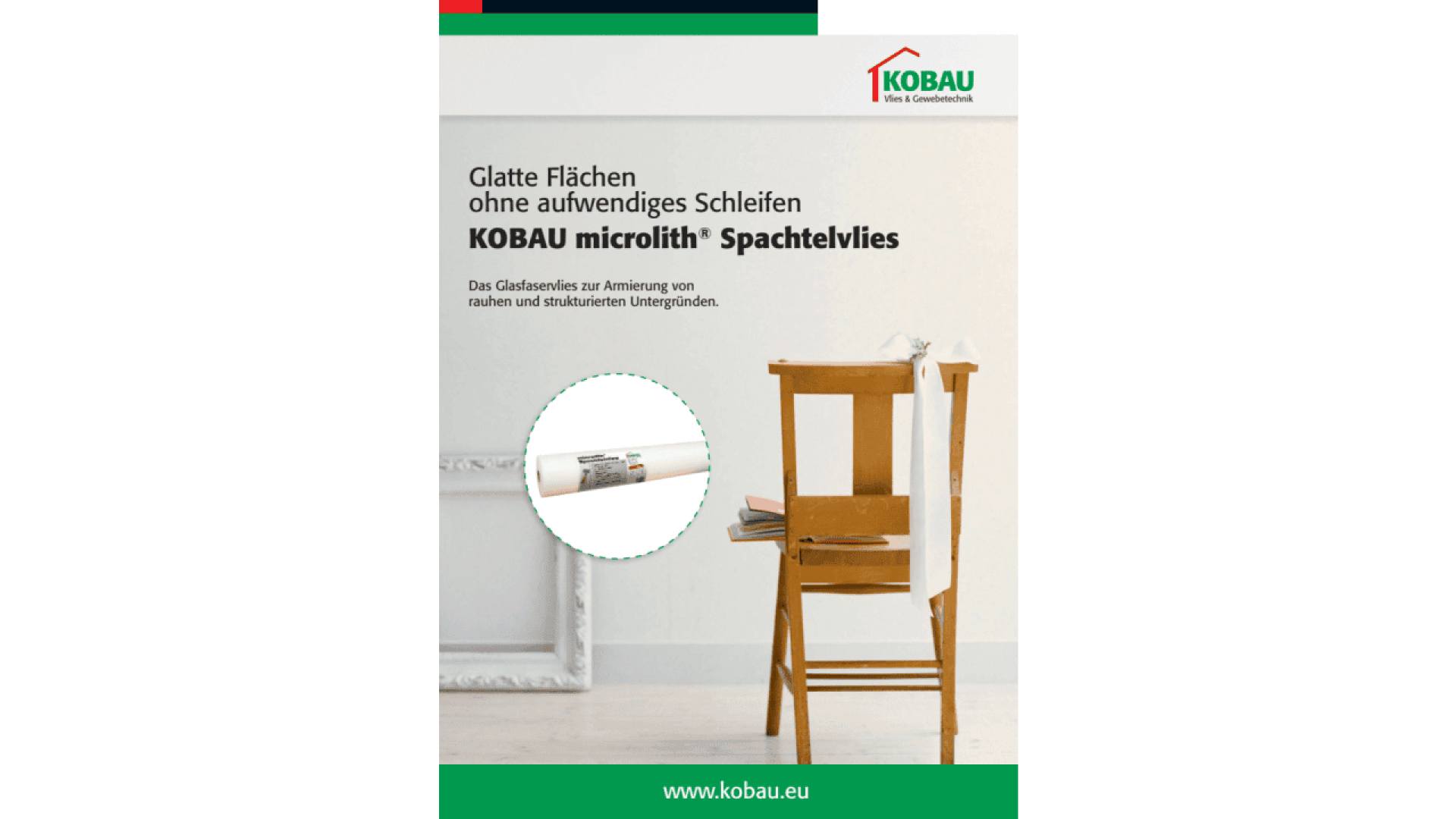 A wooden chair with a paintbrush and white cloth rests beside a white wall. A roll of KOBATEX Spachtelvlies is also pictured. Text in German describes the products benefits for smooth surfaces. KOBATEX logo appears at the top.