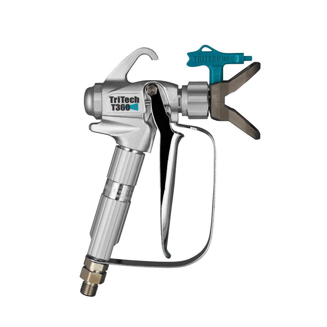 A silver TriTech T360 airless spray gun with a blue and brown spray tip, black trigger, and metallic body, displayed against a transparent background.