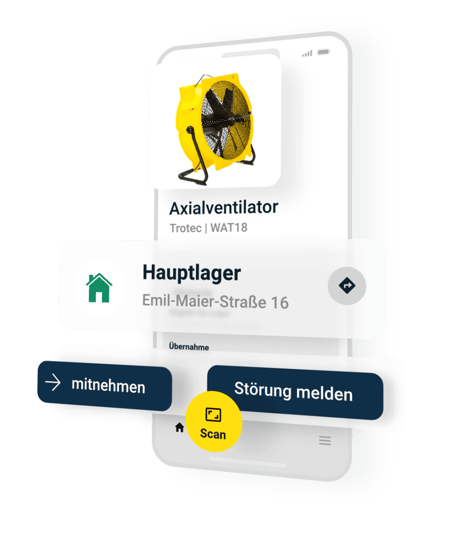 Auf dem Bildschirm eines Smartphones wird eine Inventar-App angezeigt, auf der ein gelber Axialventilator, die Adresse des Hauptlagers sowie Optionen zum Mitnehmen, zur Störungsmeldung und eine gelbe Schaltfläche zum Scannen zu sehen sind.