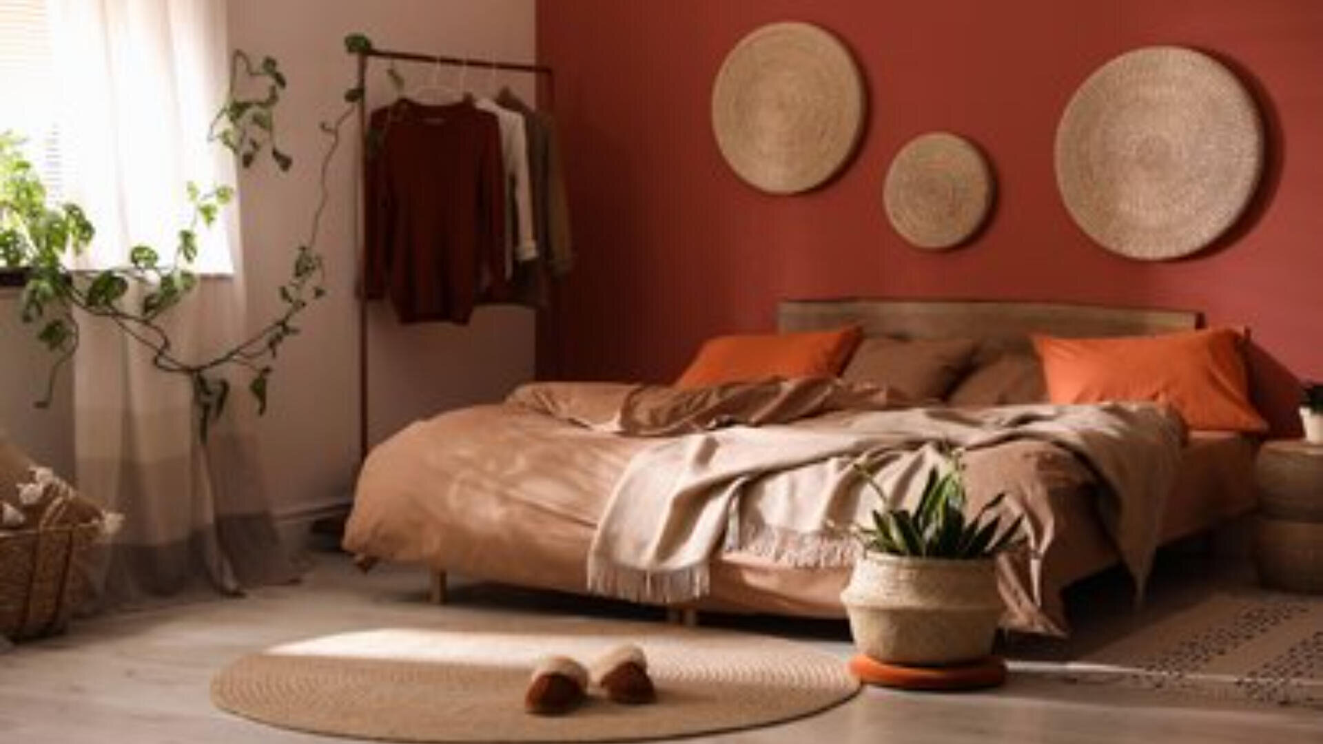 Gemütliches Schlafzimmer in warmen Braun- und Terrakottatönen mit einem Bett mit weicher Bettwäsche, gewebter Wanddekoration, Zimmerpflanzen und natürlichem Licht durch das Fenster. Ein Kleiderständer und Hausschuhe runden das einladende Ambiente ab.