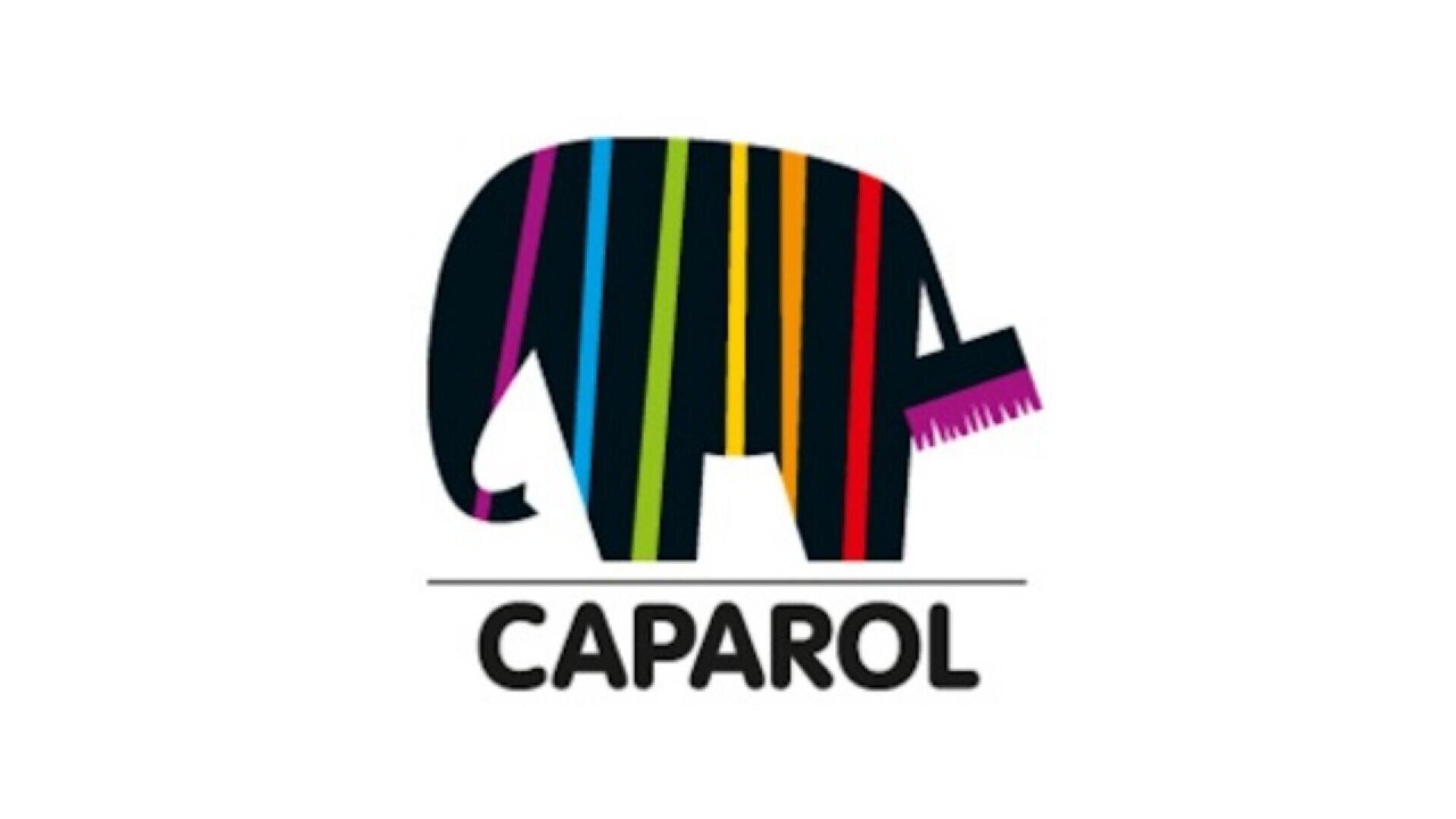 A stylized elephant with vertical, colorful stripes in blue, green, yellow, orange, red, and purple, holding a paintbrush in its trunk. The word CAPAROL is written below the elephant.