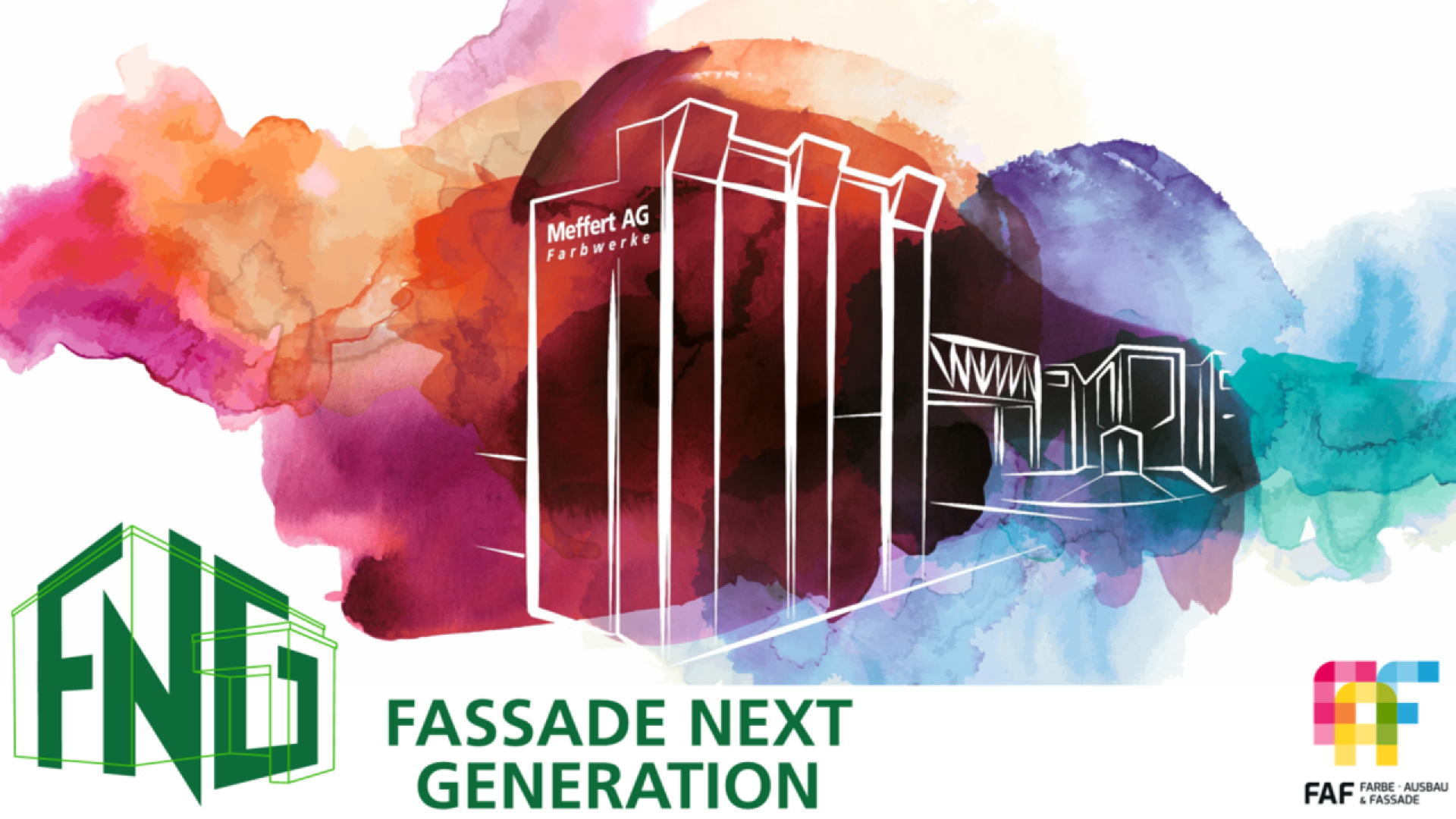 A colorful watercolor background outlines a stylized industrial building labeled “Meffert AG Farbwerke.” Below, green text reads “Fassade Next Generation” with the FAF logo in the lower right corner.