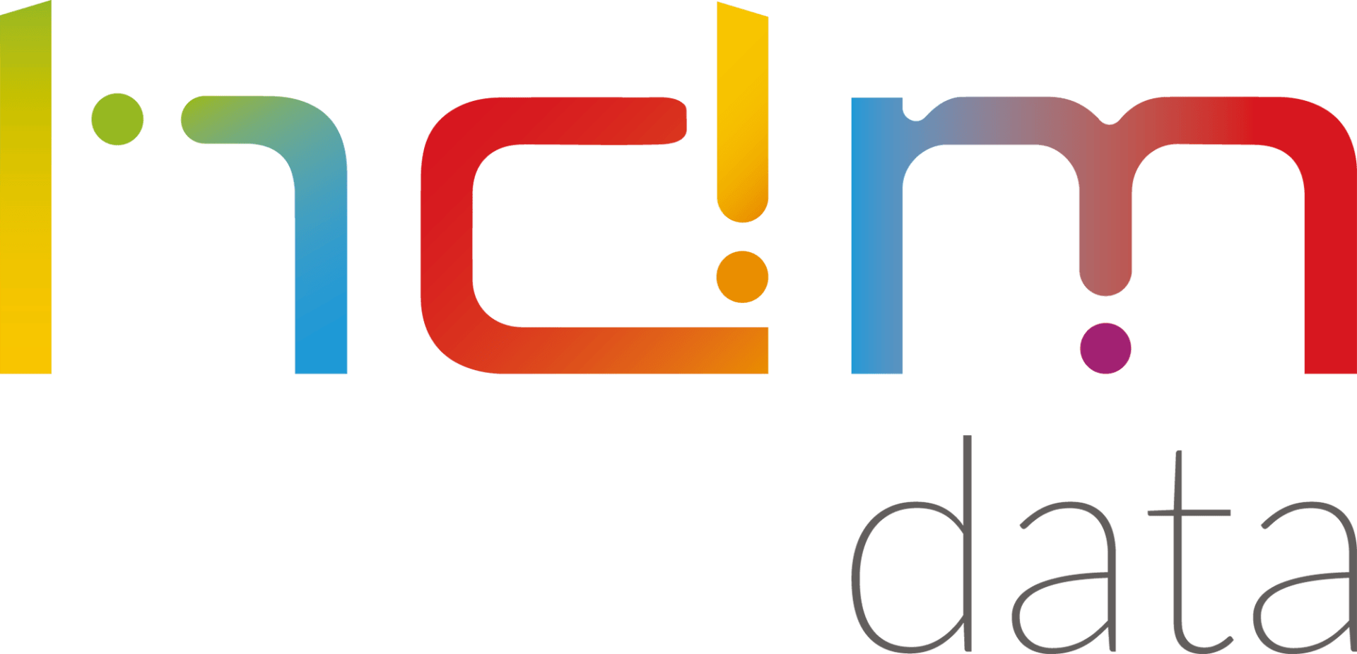 Stilisiertes Textlogo mit der Aufschrift „hdm“ in einem Farbverlauf aus Blau, Grün, Gelb, Rot und Orange, mit dem Wort „data“ in grauen Kleinbuchstaben unter dem „m“.