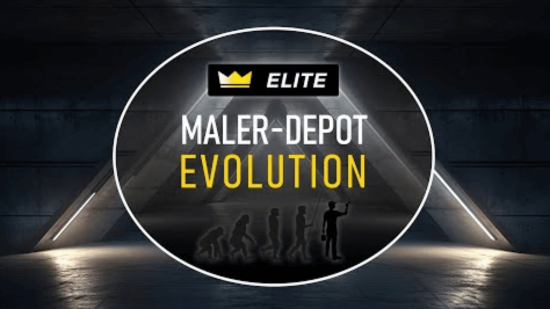 Ein dunkler, futuristischer Raum mit einem leuchtenden dreieckigen Eingang. In der Mitte befindet sich ein ovales Schild mit der Aufschrift „Elite Maler-Depot Evolution“. Darunter befinden sich Silhouetten der menschlichen Evolution, darunter eine Figur, die eine Wand bemalt.
