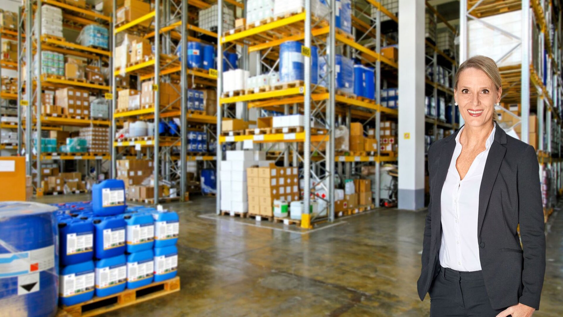 Eine Frau im Anzug steht lächelnd in einer großen Lagerhalle, deren Regale mit verschiedenen Kisten, Behältern und Industriebedarfsartikeln vollgestopft sind.