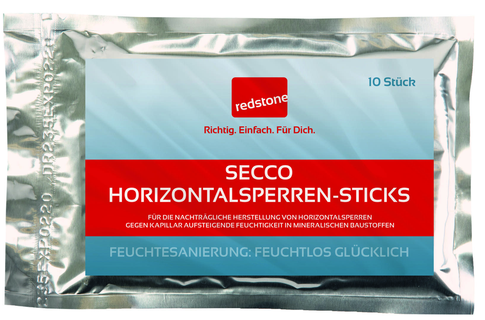 Eine silberne Packung mit der Aufschrift „SECCO HORIZONTALSPERREN-STICKS“ von Redstone, die 10 Sticks zur Feuchtigkeitssperrbehandlung in Baumaterialien enthält, mit deutschem Text und einem blau-rot-weißen Design.