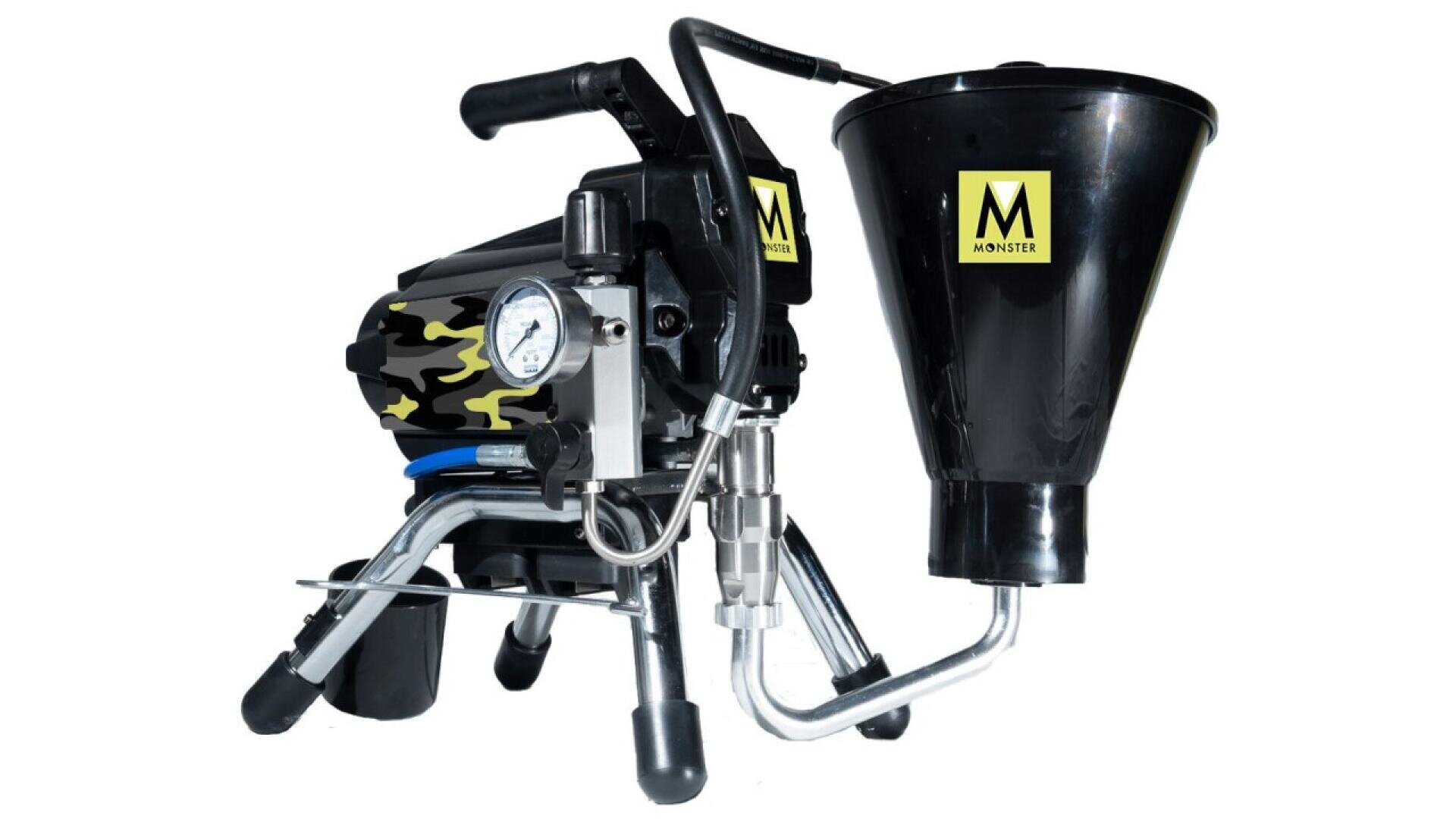 A black and silver spray plaster machine with a pressure gauge and a large black hopper labeled Monster. The machine has a sturdy frame and metal handles for support.