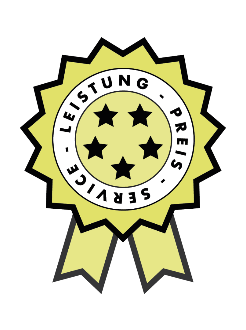 Ein gelbes Auszeichnungsabzeichen mit fünf schwarzen Sternen in der Mitte. Ein weißer Ring um die Sterne zeigt die deutschen Wörter „Leistung“, „Preis“ und „Service“.