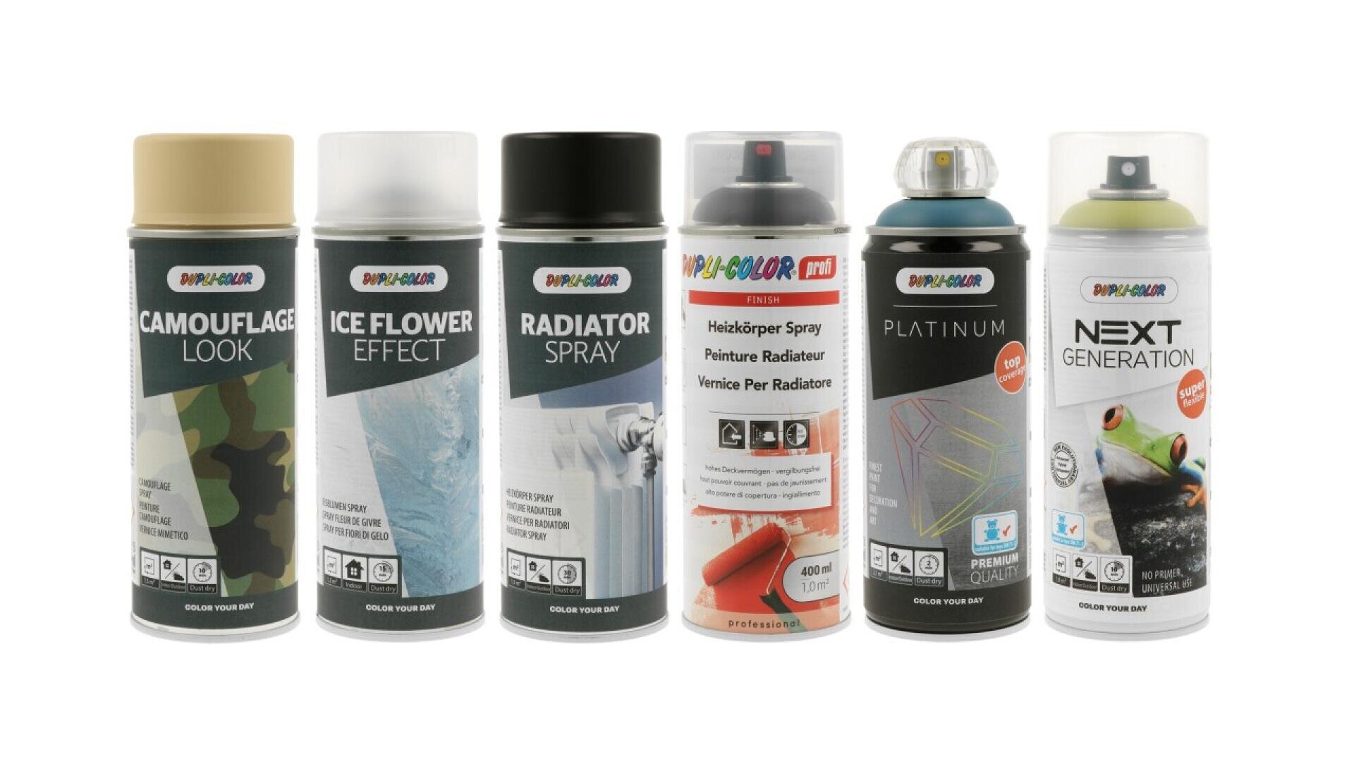 Six different spray paint cans are standing in a row, each labeled with different effects and designs, including Camouflage Look, Ice Flower Effect, Radiator Spray, and other specialized finishes.