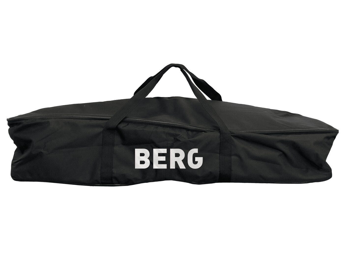 Eine große schwarze Tragetasche mit zwei Griffen und dem Wort BERG in weißen Großbuchstaben auf der Seite.