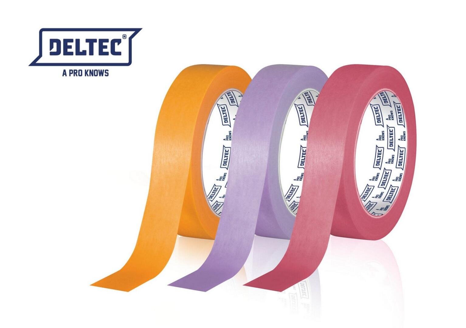 Three rolls of DELTEC masking tape in orange, purple, and pink are shown with the tape partially unrolled. The DELTEC logo and slogan, A PRO KNOWS, appear in the top left corner.