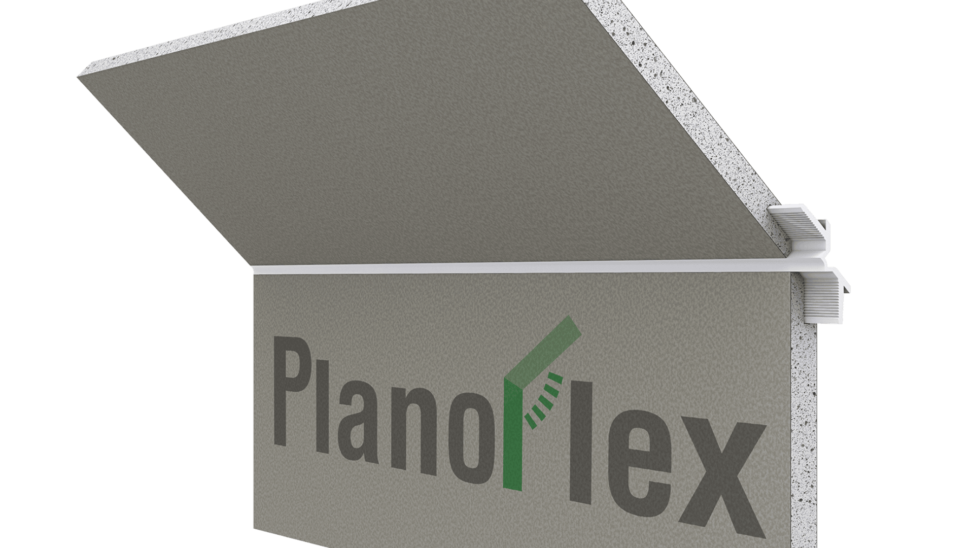 Ein 3D-gerendertes Bild von zwei grauen Isolierplatten, die im rechten Winkel mit einem weißen Verbinder verbunden sind. Die Platten tragen die Bezeichnung „Planoflex“ mit einem grünen Akzent auf dem Buchstaben „f“.