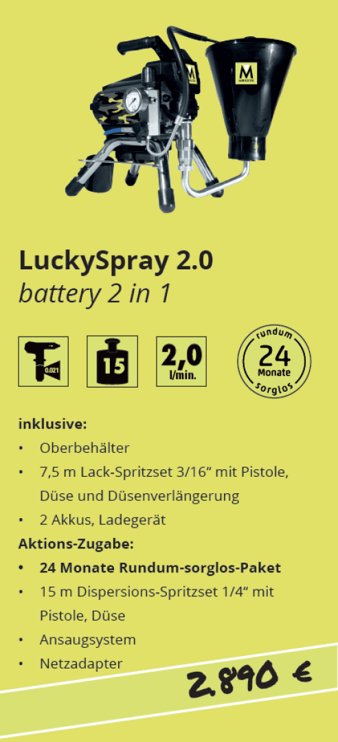 Ein Werbeflyer für das Farbsprühgerät LuckySpray 2.0. Er zeigt das Gerät und nennt Features wie Akkubetrieb, 2,0 l/min Geschwindigkeit, 15 bar Druck und ein 24-monatiges All-Inclusive-Paket. Preis: 2.890 Euro.