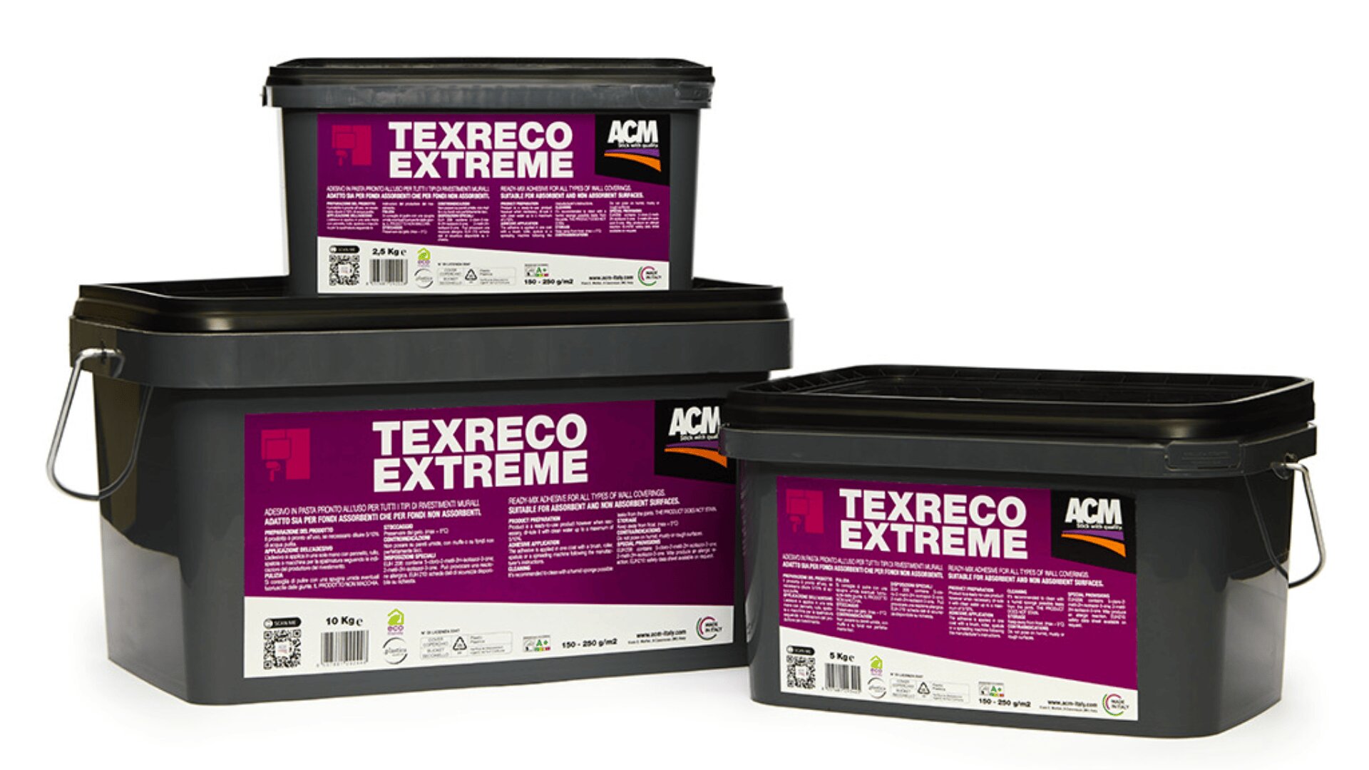 Three black plastic tubs of different sizes labeled Texreco Extreme ACM, featuring purple and white labels with product information, are displayed against a white background.