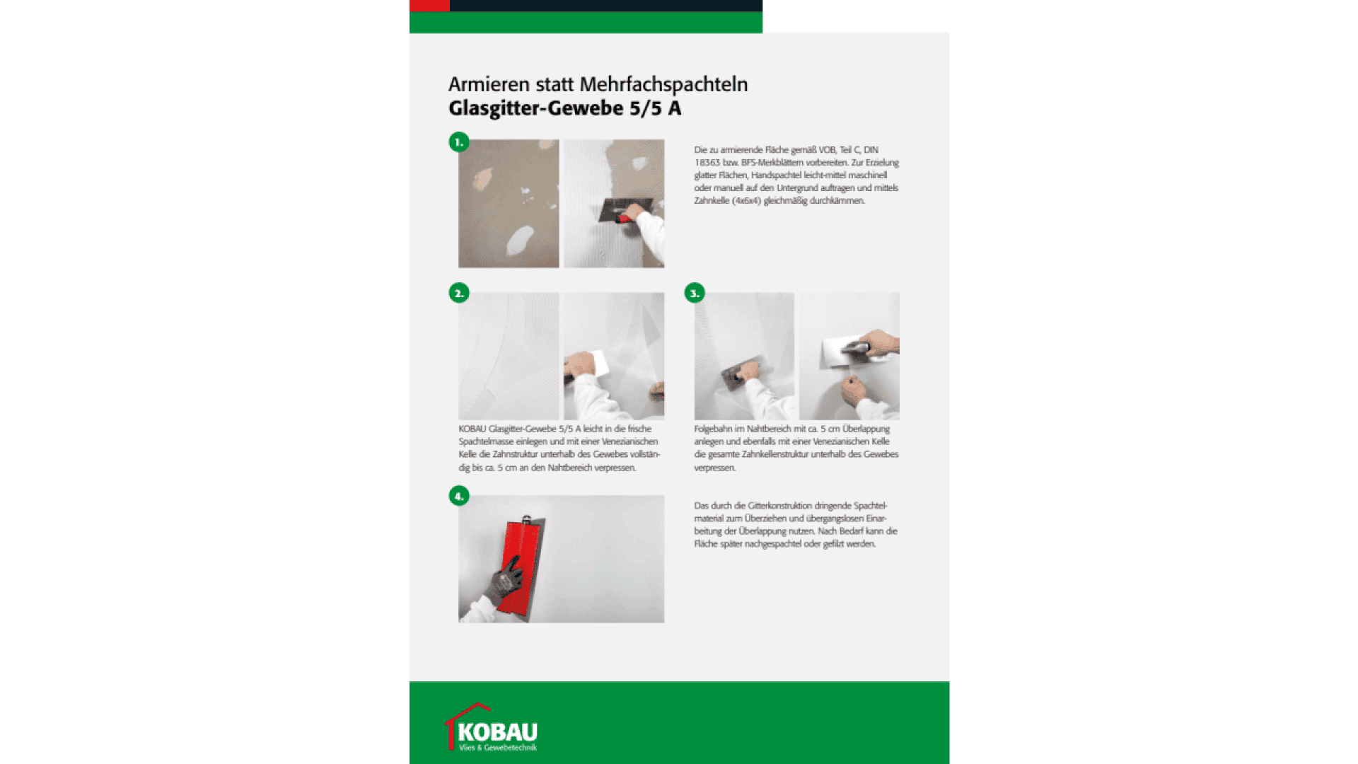 Instructional poster showing four steps for reinforcing walls with glass fiber mesh instead of multiple layers of filler, featuring images of hands applying and smoothing material on a wall; includes German text and KOBUAU logo.