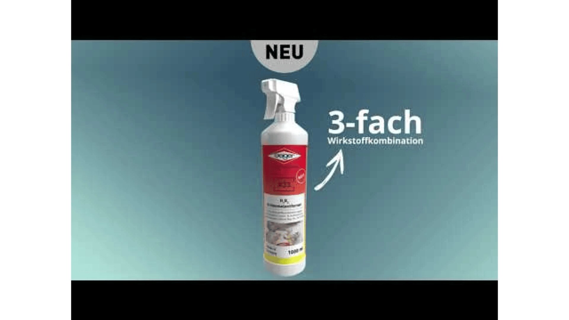 Abgebildet ist eine Sprühflasche mit der Aufschrift „Doppelherz“ mit rotem Verschluss und weißem Flaschenkörper. Der Text oben lautet „NEU“ und „3-fach Wirkstoffkombination“ mit einem auf die Flasche zeigenden Pfeil. Der Hintergrund ist blau.