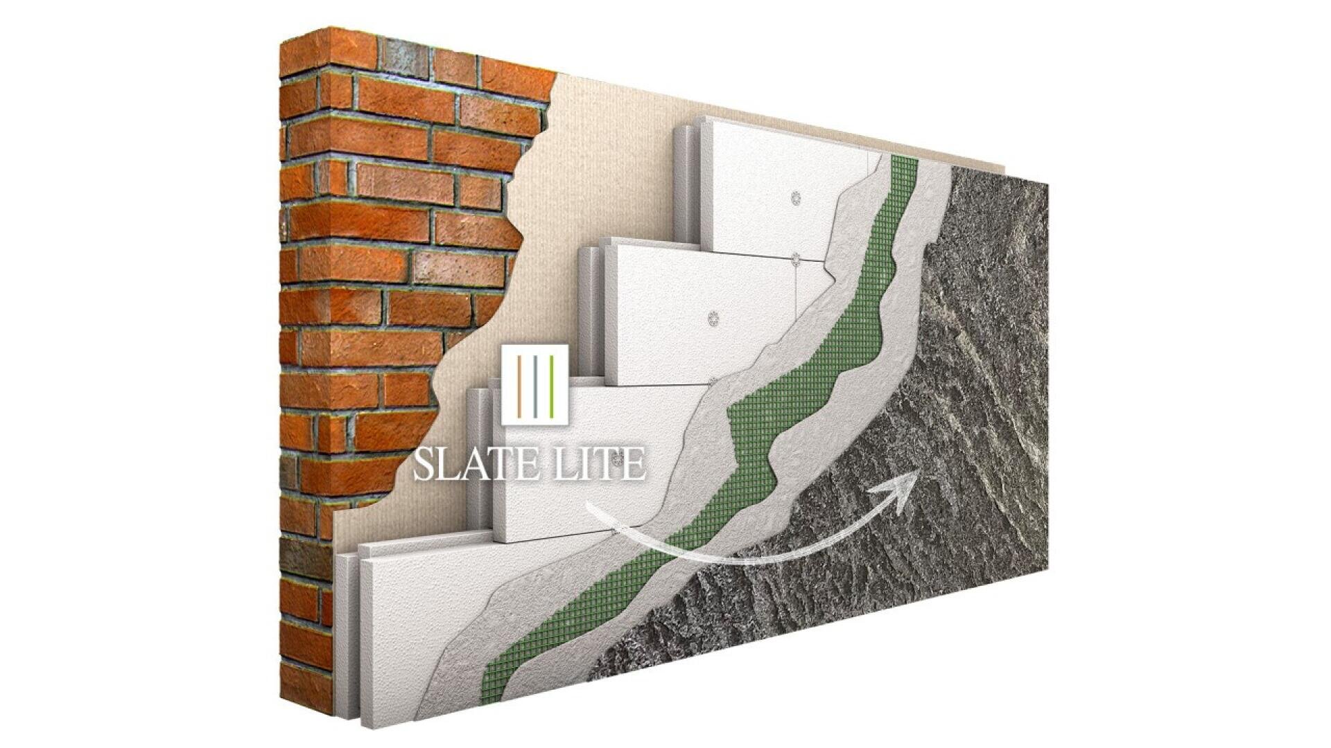 A cross-section illustration shows a brick wall layered with insulation panels, mesh, and stone veneer; an arrow points across the layers, and the Slate Lite logo is displayed in front.
