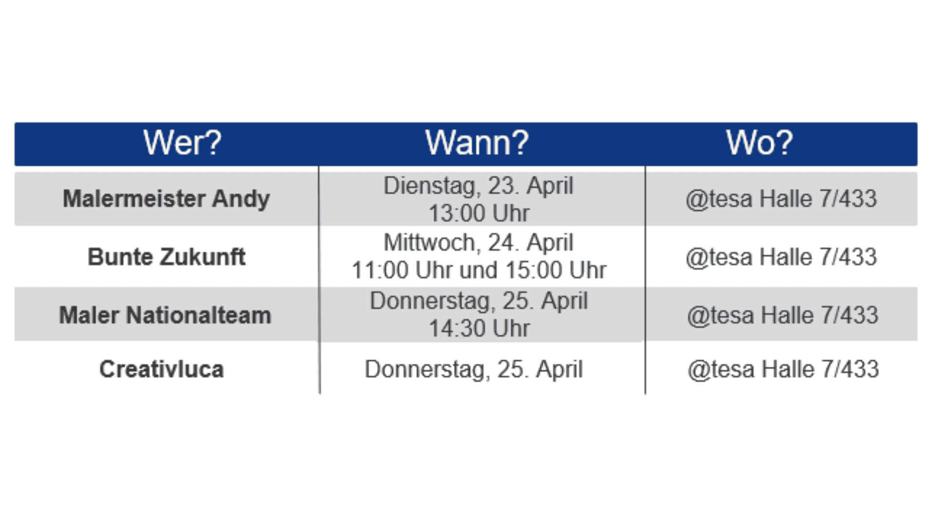 Tabelle mit vier Veranstaltungen mit Namen, Datum und Uhrzeit, die alle in der tesa Halle 7/433 stattfinden. Die Veranstaltungen finden am 23., 24. und 25. April statt und sind jeweils mit Uhrzeiten versehen.