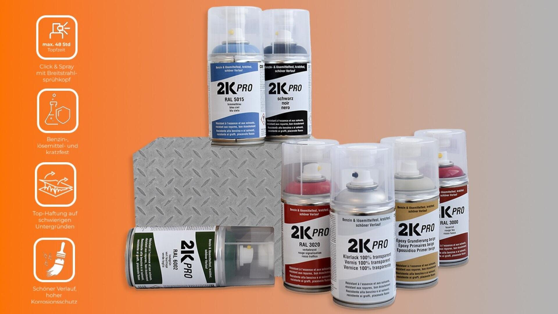 A group of 2K PRO spray paint cans in various colors are arranged on a metal sheet, with orange graphics on the left highlighting the product’s features, including ease of use, rust protection, and strong adhesion.