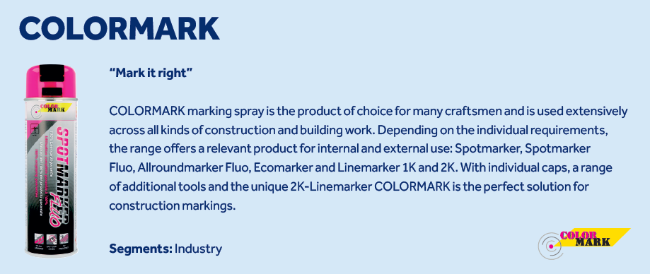 A can of COLORMARK marking spray is shown next to text describing its use in construction and building work. The text lists product types and features, with the COLORMARK logo in the corner and a blue background.