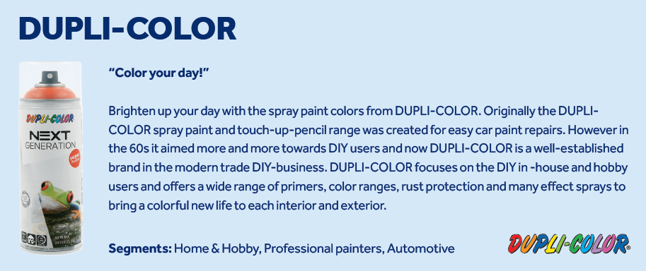 A spray paint can labeled Dupli-Color Next Generation is shown on the left. On the right, text describes Dupli-Color’s history and product range, above the colorful Dupli-Color logo on a blue background.