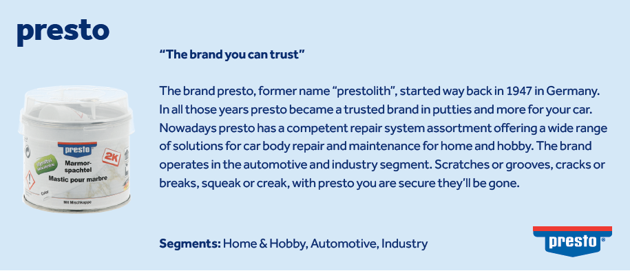 A presto product container with text describing presto as a trusted brand for repair and maintenance putties since 1947, serving home, automotive, and industry segments. The presto logo is shown at the bottom right.