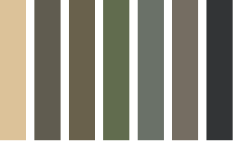 Six vertical rectangles display a gradient of earthy colors from left to right: light beige, olive brown, dark olive, muted green, warm gray, taupe, and dark charcoal gray, arranged side by side.