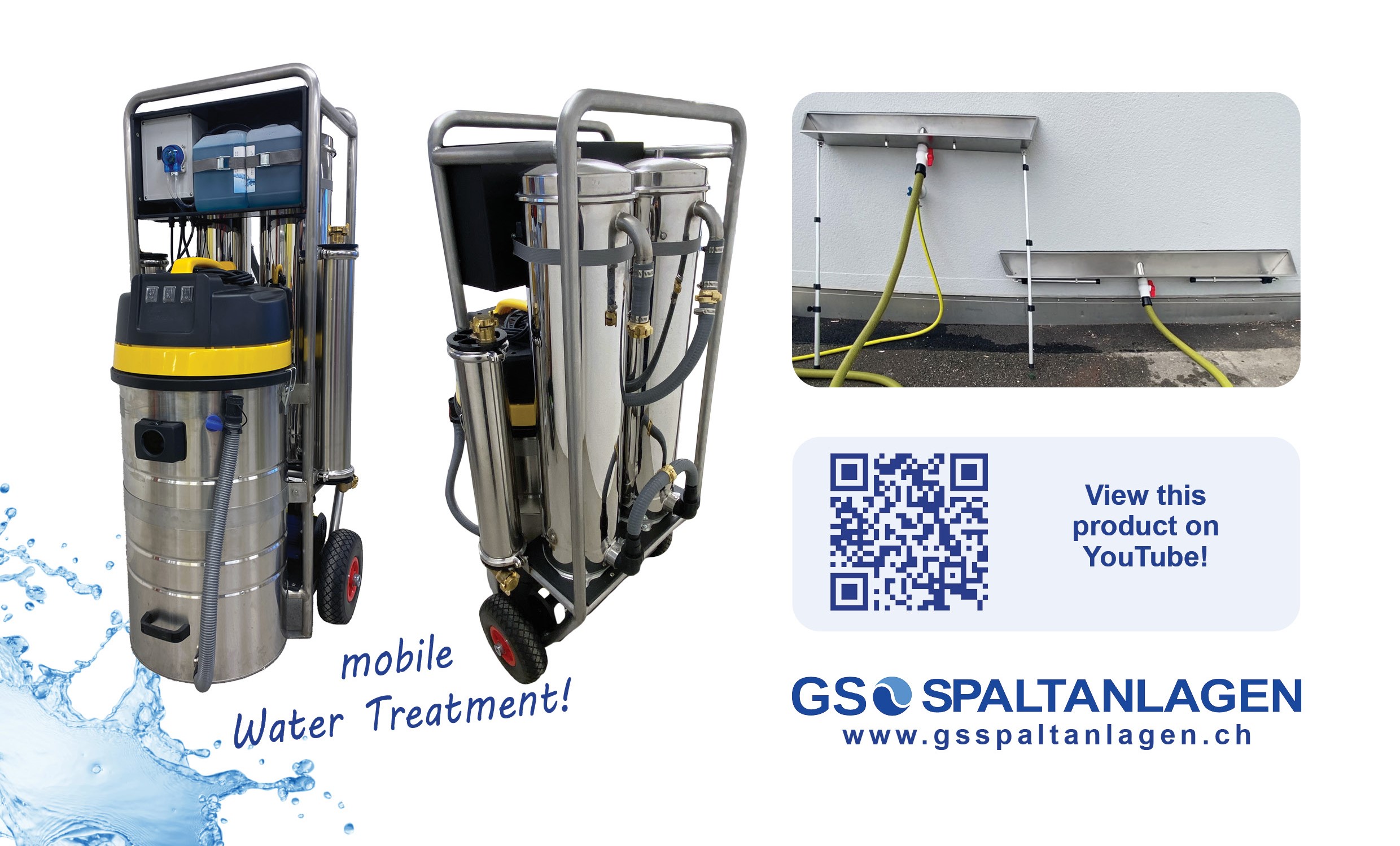 Two views of a mobile water treatment device with hoses and tanks, plus two smaller photos showing the system connected to outdoor faucets. Includes QR code and company logo for GS Spaltanlagen.