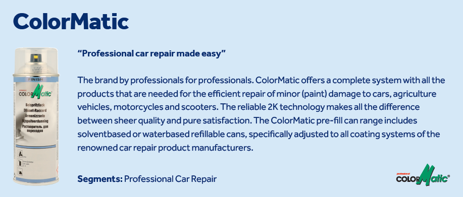 A ColorMatic spray can is shown beside text describing ColorMatic’s professional car repair products, emphasizing easy, efficient paint repair and technology for quality results. ColorMatic’s logo is at the bottom right.