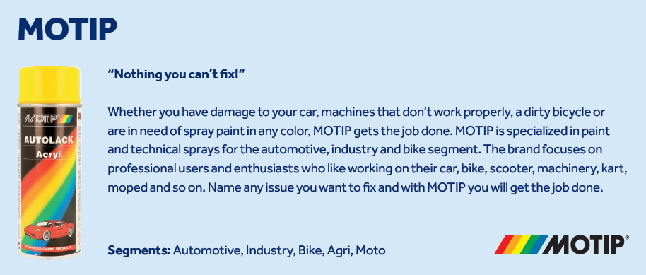 A can of MOTIP Autolack spray paint is shown beside text that describes MOTIP’s uses for automotive, industry, bike, agriculture, and moto repairs, with the MOTIP logo and rainbow stripe at the bottom right.