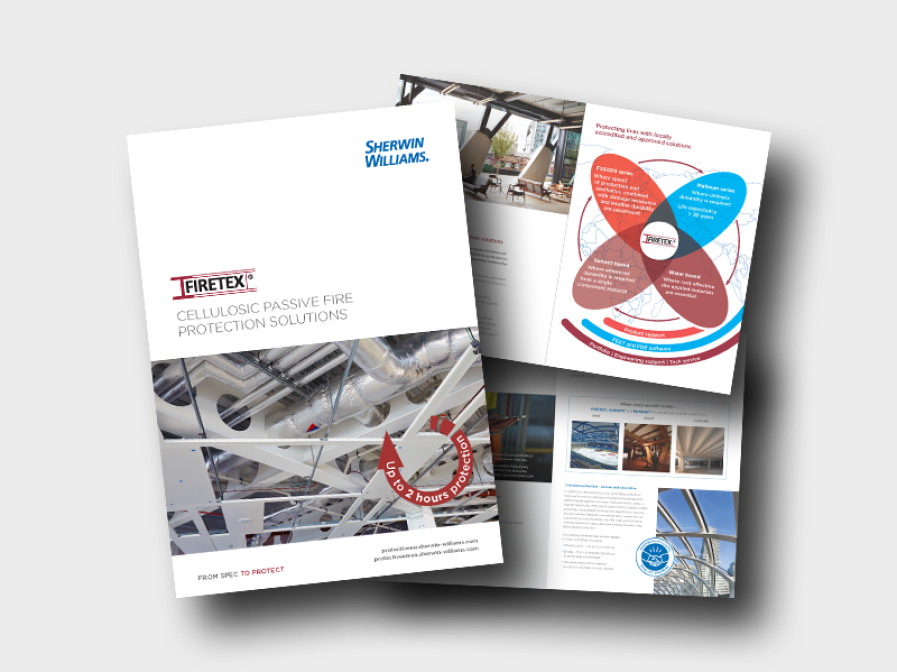 Two brochures overlapping on a white background. The top brochure features the Sherwin-Williams logo and promotes Firetex cellulosic passive fire protection solutions, with industrial images and text about up to 2 hours of fire protection.
