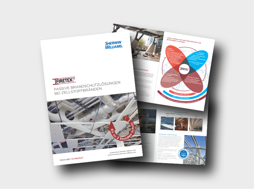 Eine Broschüre für Sherwin-Williams mit passiven Brandschutzlösungen von Firetex, mit deutschem Text und Bildern von Industriestrukturen, Brandschutzschemata und technischen Diagrammen.